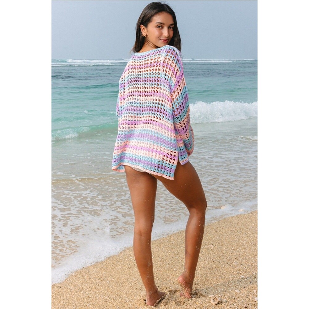 BLUSH XL Open Knit Crochet Sweater Pastel Striped Boho Beach Cover Up Oversized